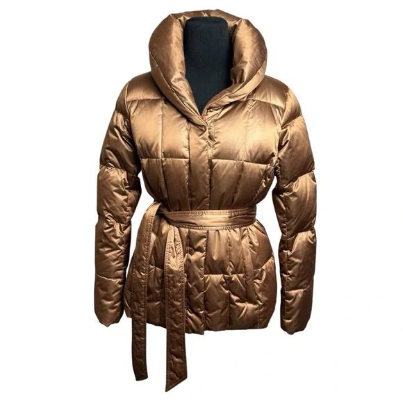 Lands’ End Women’s SZ M Gold Metallic Down Puffer Coat W/ Belt Preppy Office EUC - Picture 2 of 12